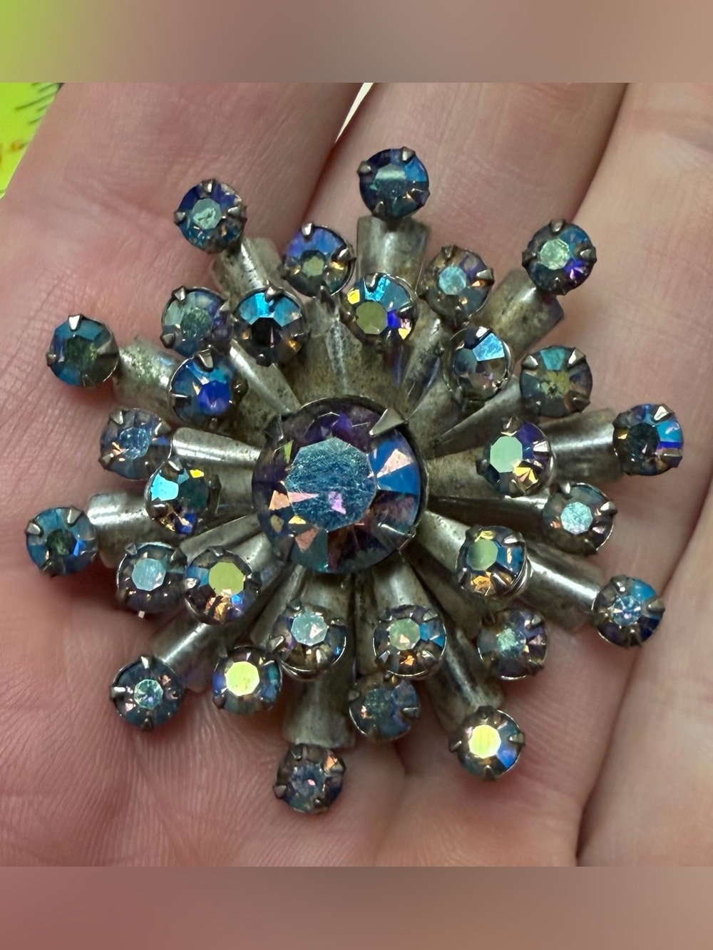 Vintage 1950s Atomic Starburst Brooch Aurora Borealis Rhinestone Mid Century Mod
